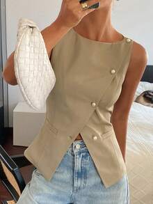 DAZY Women's Sleeveless Solid Color Waist Gathered Oblique Collar Split Pearl Button Elegant Formal Summer Blouse School - Khaki - View 7