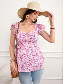 SHEIN Áo bầu tay ngắn xếp ly in họa tiết, thích hợp cho mùa hè. - Hồng - Xem 3