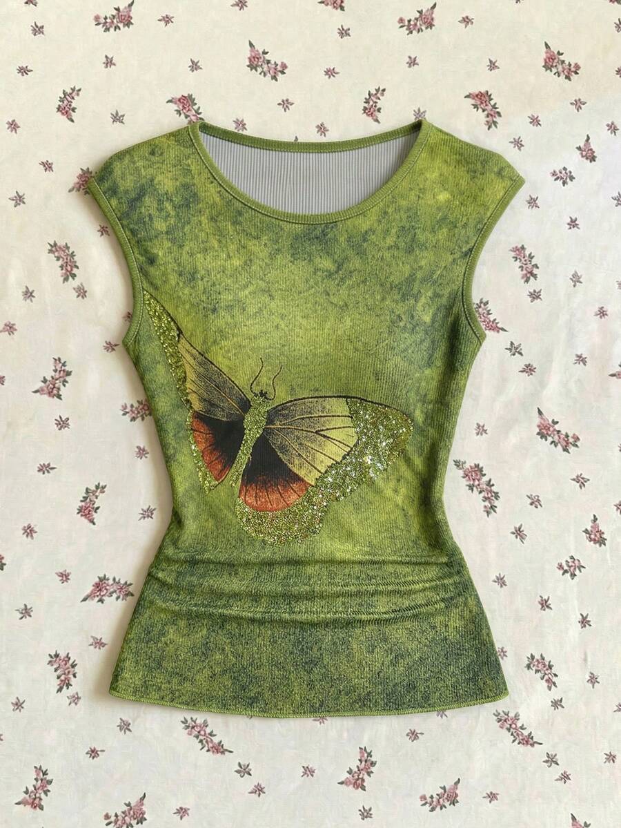 Elamini Women's Casual Butterfly Print Cap Sleeve Fitted T-Shirt, Suitable For Summer Holiday And Daily Commute - Multicolor - View 1