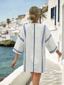 Louniche V-Neck Blue & White Striped Pocket Casual Blouse For Women - Multicolor - View 2