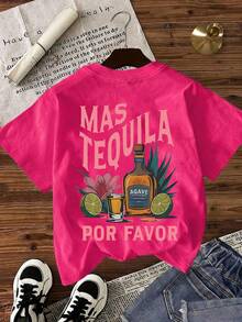 Flirla Plate-Size Casual Tequila Sunrise Cocktail & Printed Round-Neck T-Shirt, Lightweight Spring And Summer Women's Sweatshirt - Hot Pink - View 2