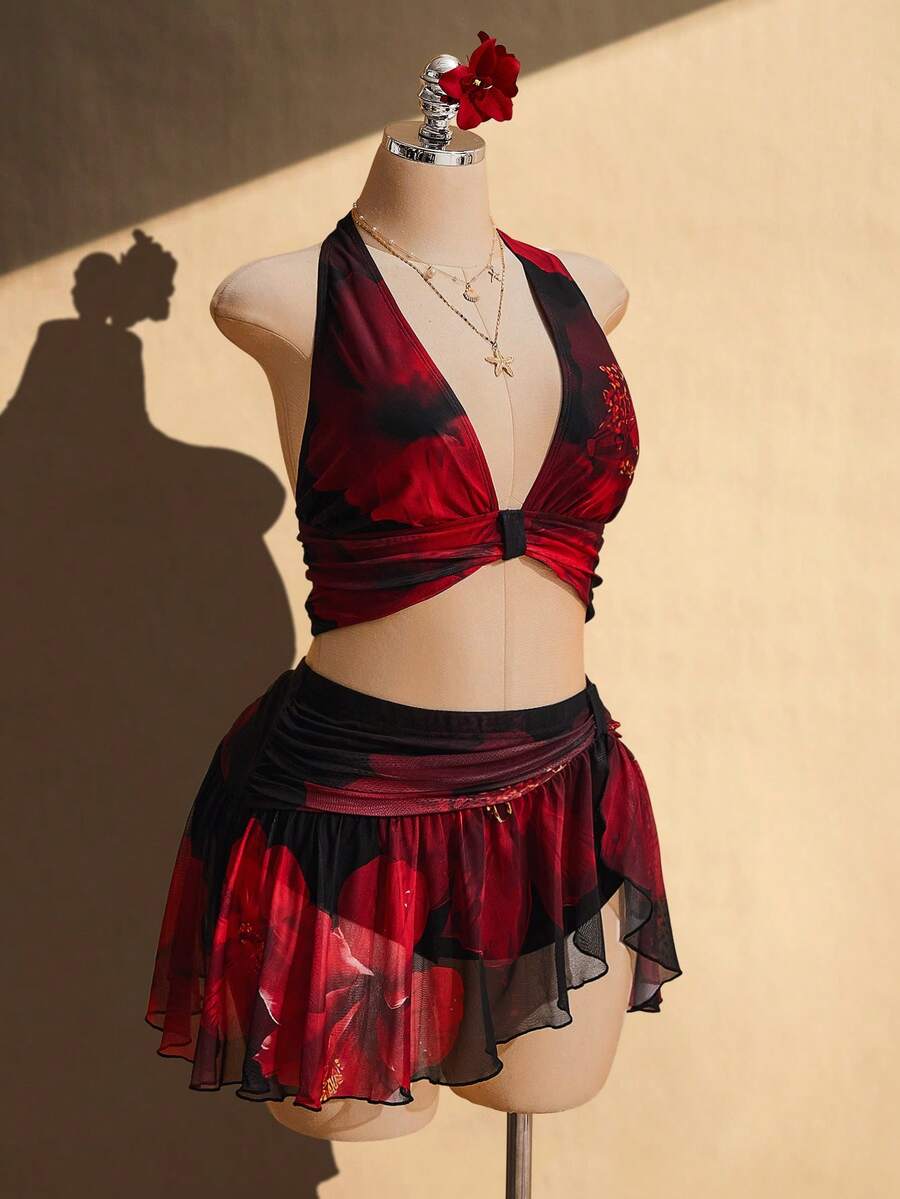 SHEIN ICON 大码女式印花吊带上衣和迷你裙套装 - 彩色 - 查看 1