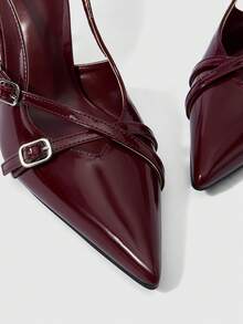 Sleekvia Giày cao gót mũi nhọn mỏng gợi cảm phong cách avant-garde bằng da PU màu đỏ tía, kiểu dáng slip-on, giày cao gót thời trang dự tiệc đêm, khóa cài sang trọng. - Màu Đỏ Sâu - Xem 3
