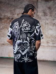 Camisa de hombre negra y blanca con estampados florales, cruciforme abstracto, rostro y pájaros - Negro - Ver 2