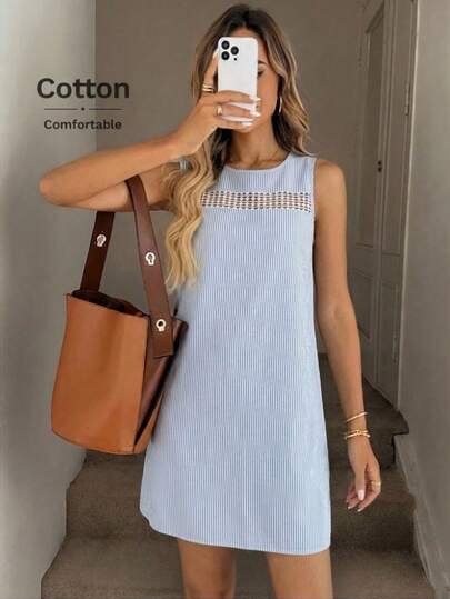 Easowa 女士条纹圆领撞色蕾丝无袖休闲迷你连衣裙