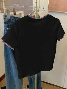 Resyla Women's Casual Contrast Trim Embroidered T-Shirt, Summer - Black - View 2