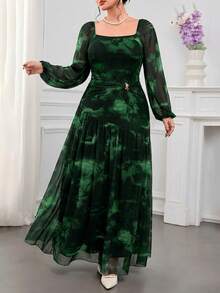 Modelyn Plus Size Elegant Floral Print Dress Fall - Dark Green - View 1