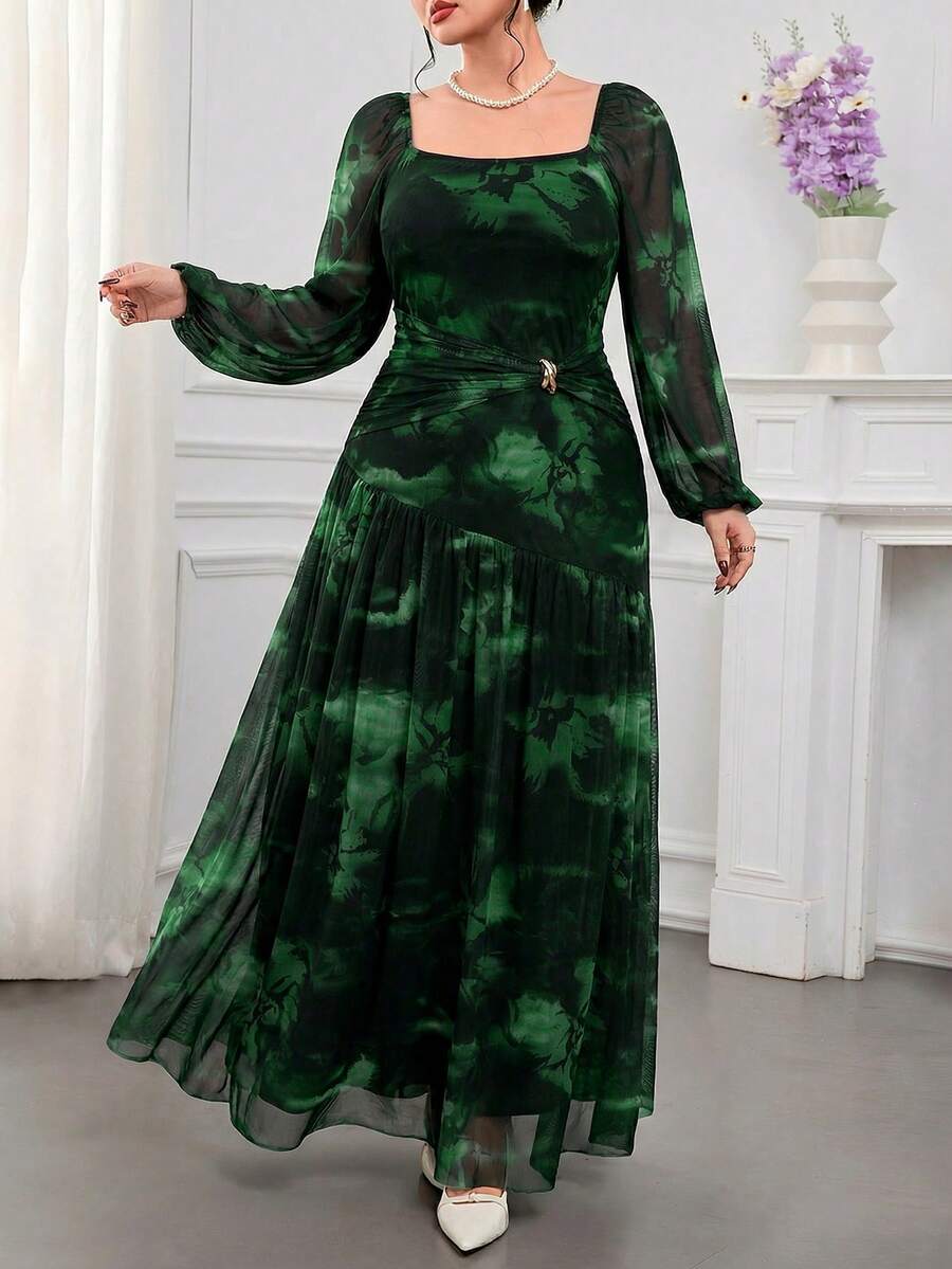 Modelyn Plus Size Elegant Floral Print Dress Fall - Dark Green - View 1