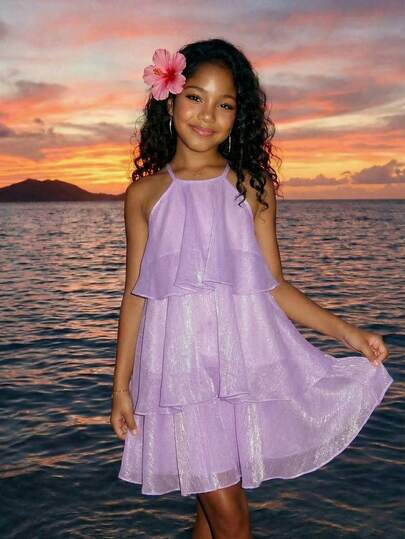 SHEIN 少女优雅编织露背连衣裙