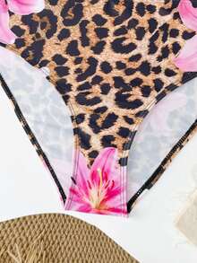 SHEIN Teen Girls Leopard Lily Knit Halter Bikini Set, Fashionable Casual Elegant Swimsuit For Swimming, Beach, Pool, Summer Vacation, Holiday - Multicolor - View 7