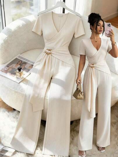 Elenzga New Solid Color Fashionable Jumpsuit For Women, Asymmetric Collar Knitted Texture Skinny Style, Twist And Ribbon Design Jumpsuit, Elegant Outfit For Women, Spring Summer Women's Clothing, Moderate Spring Summer Women's Apparel