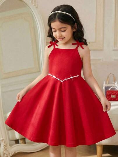 Vestido de tirantes finos rojo dulce para niñas pequeñas con lazo en el hombro, decoración de perlas, estilo princesa elegante y lindo, para verano