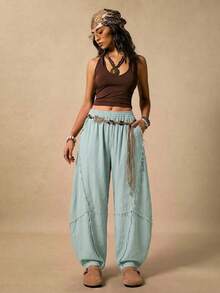 Easelle Quần nữ kiểu Bohemian miền Tây cổ điển, màu xanh lá cây, thiết kế cong hình dao, ống lửng, thích hợp cho mùa xuân/hè. - màu xanh lá - Xem 5