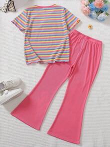 2 pièces Top rayé coloré décontracté pour jeunes filles assorti avec un pantalon large rose, Top assorti avec des fleurs 3D violettes. Convient pour le port quotidien, le parc, les voyages, la rentrée scolaire - Rose vif - Voir 2