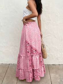 Selianne Chân váy maxi xếp tầng bồng bềnh màu hồng họa tiết paisley phong cách boho mùa hè dành cho nữ, cạp cao co giãn, thích hợp cho kỳ nghỉ, đi biển, lễ hội và tiệc tùng. - Hồng - Xem 4
