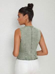 SHEIN Essnce Áo khoác denim nữ không tay, chất liệu denim mài, kiểu dáng thường ngày, có cúc phía trước, thích hợp cho mùa hè. - màu xanh lá - Xem 2