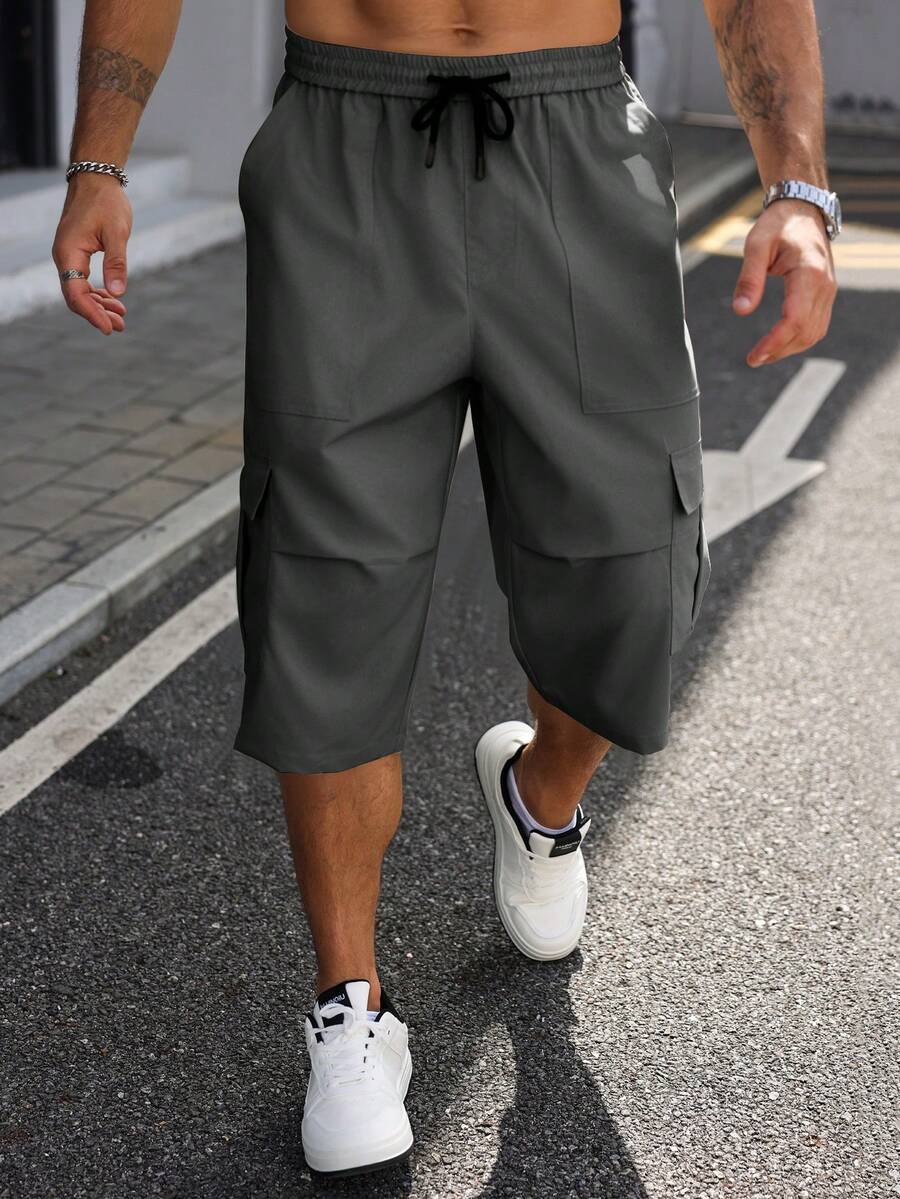Manfinity Homme Plus Size Men's Casual Fashion Street Daily Commute Drawstring Waist Flap Pocket 3/4 Length Pants - Grey - View 1