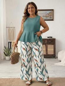 SHEIN LUNE 2pcs/Set Casual Minimalist Teal Blue Plus Size Women Tank Top & Loose Straight Leg Pants With Abstract Geometric All-Over Print, Suitable For Early Autumn - Teal Blue - View 3