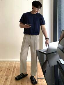 DAZY 男士简约纯色日常西装裤 - 米色 - 查看 4