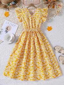 Teen GirlWaist-Cinching Elegant Refreshing V-Neck Dress - Yellow - View 3