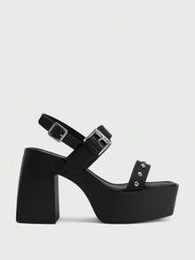 Sugerpunk Giày sandal nữ đế dày kiểu punk mới, mũi vuông, đính đinh tán, kiểu retro, đế phồng, thích hợp cho mùa hè. - màu đen - Xem 1
