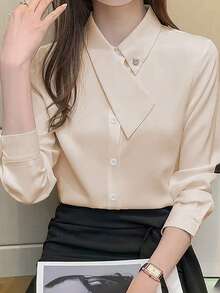 EMERY ROSE 不对称领百搭优雅通勤女士 T 恤 - 杏色 - 查看 1