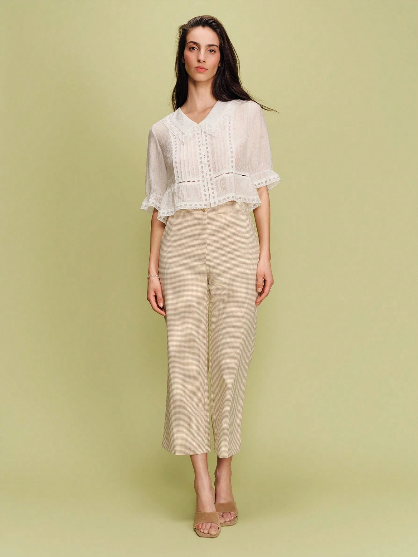 High-Waisted Cropped Straight Leg Checked Trousers Spring Summer Vintage Style Business Casual French Style Parisian Style Plaid Pants