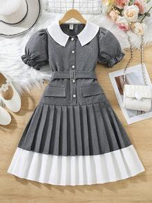 SHEIN Đầm xếp ly thanh lịch dành cho bé gái, cổ tàu, tay cánh hoa, eo thon, thích hợp cho đi chơi hàng ngày, đi học và các dịp trang trọng. - Xám - Xem 3