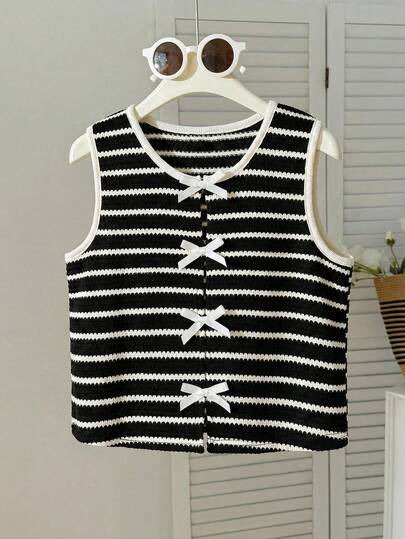 Áo tank top cổ tròn dáng casual tối giản thoải mái cho bé gái tuổi teen, kẻ sọc, trang trí nơ.