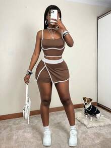 Bộ đồ mùa hè dành cho nữ: áo hai dây ngắn ôm sát phối màu tương phản và quần váy. - màu nâu - Xem 3