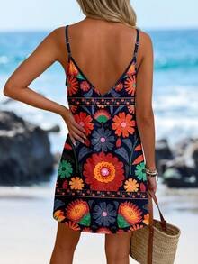 SHEIN LUNE Robe mini imprimée décontractée pour femmes, convenant à l'automne et l'hiver, robes d'été, robes d'été pour femmes convenant pour sortir, robe chic, vacances - Multicolore - Voir 2