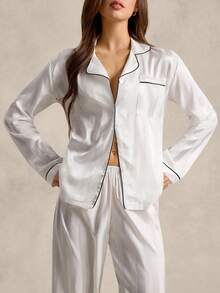 Contrast Piping Satin Pajama White Set, Fall Winter Clothes Cozy And Elegant Details - White - View 5