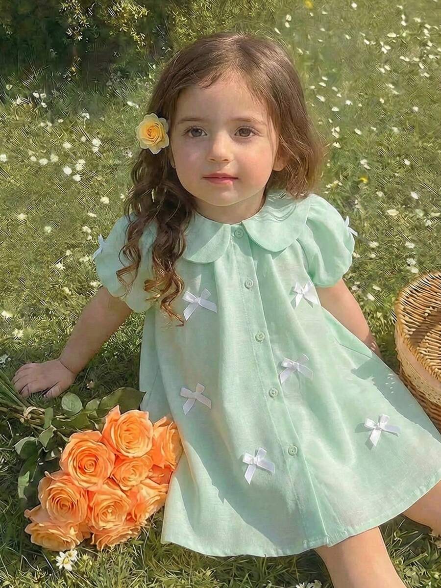SHEIN Đầm ngắn tay màu xanh lá cây dễ thương cho bé gái, cổ Peter Pan, thắt nơ, thích hợp cho mùa hè. - Màu xanh Bạc hà - Xem 1