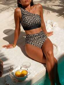 Swim Chiccia Women's Geometric Print Asymmetric Neck Bikini Set - Multicolor - View 1