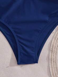 Swim SXY Set Bikini Wanita Warna Polos Model Halter Neck dengan Kawat Penyangga, Cocok untuk Liburan Musim Panas - Navy Blue - View 8