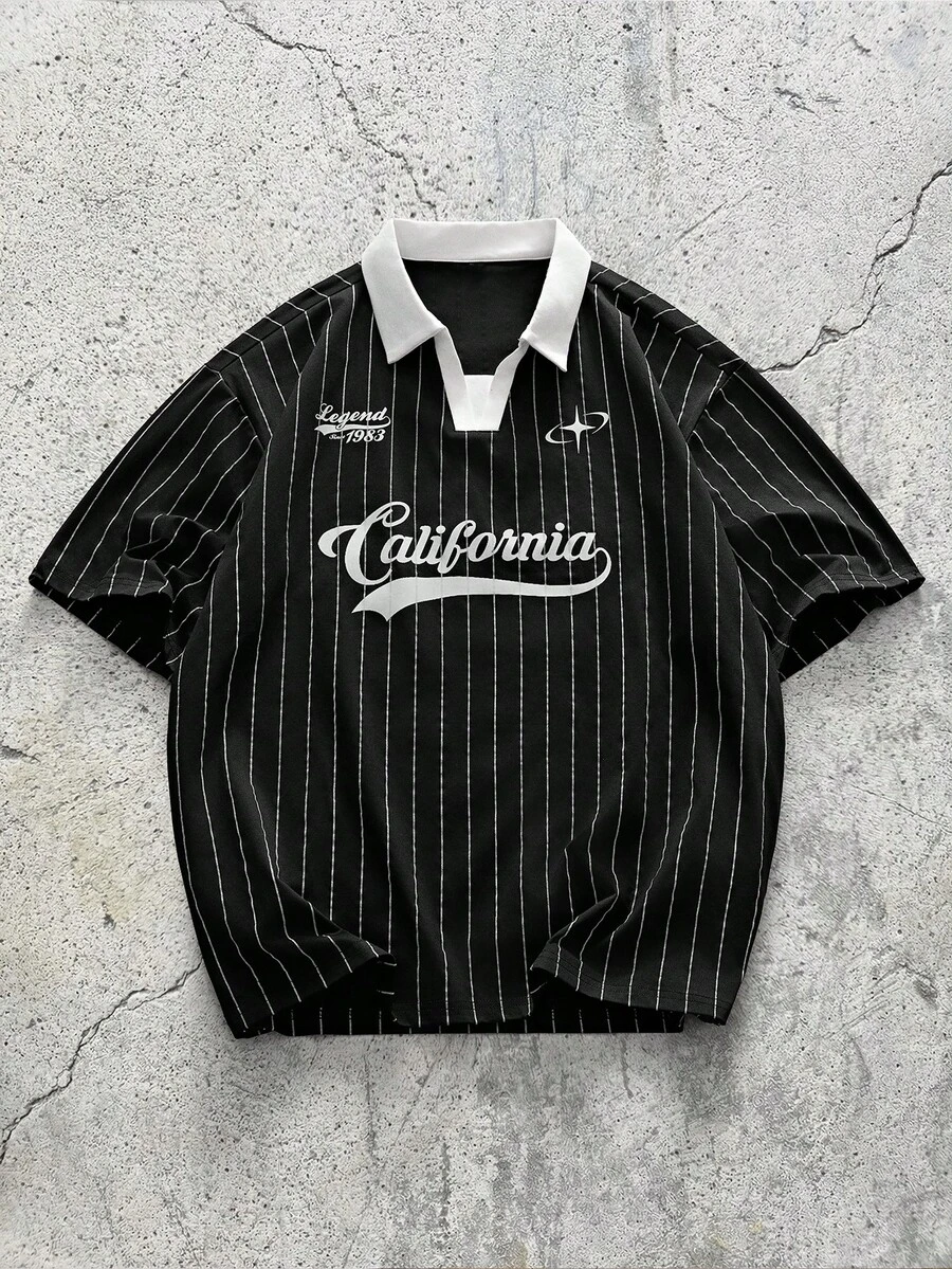 EVRINFINITE 男士V领短袖Polo衫，休闲印花T恤，夏季 - 黑色 - 查看 1