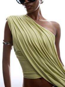 LYSMO 女士夏季时尚不对称领口上衣 - 橄欖綠 - 查看 7