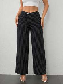 SHEIN PETITE 女士黑色条纹低腰镂空装饰带休闲简约阔腿裤/通勤休闲/百搭外出/办公室穿着/复古富家女装/商务休闲女装/教师装时尚女裤 - 黑色 - 查看 2