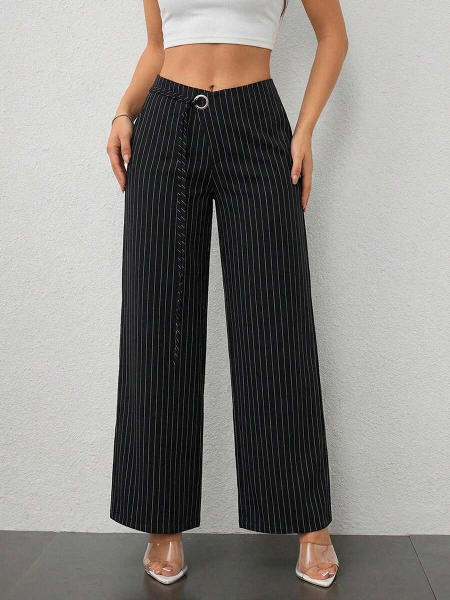 SHEIN PETITE 女士黑色条纹低腰镂空装饰带休闲简约阔腿裤/通勤休闲/百搭外出/办公室穿着/复古富家女装/商务休闲女装/教师装时尚女裤