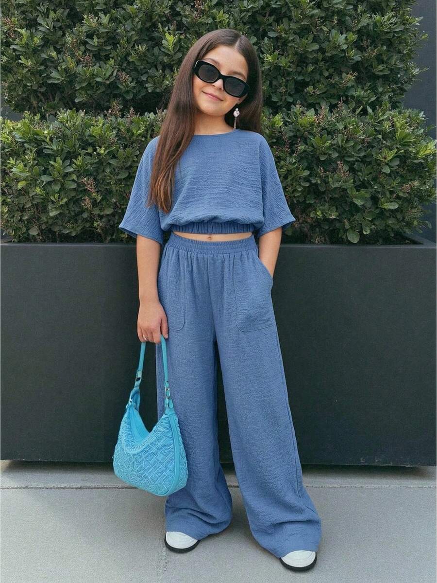 Firerie Kids 少女时尚度假休闲纯色圆领宽松短袖上衣+长裤两件套 - 藍色 - 查看 1