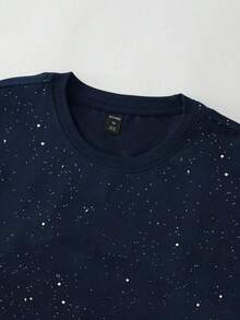 ROMWE MEN Men's Loose Fit Glitter Sequin Embellished 3/4 Sleeve T-Shirt - Navy Blue - View 2
