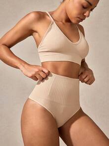 Veilyse High Waisted Tummy Control Rib Knit Shapewear Thong For Women Comfortable Everyday Wearfor Summer - Beige - View 6