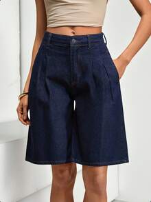 EURMUSE 低腰原色水洗牛仔短裤，休闲风格，深蓝色牛仔布，纽扣拉链闭合 - 深色水洗藍 - 查看 10