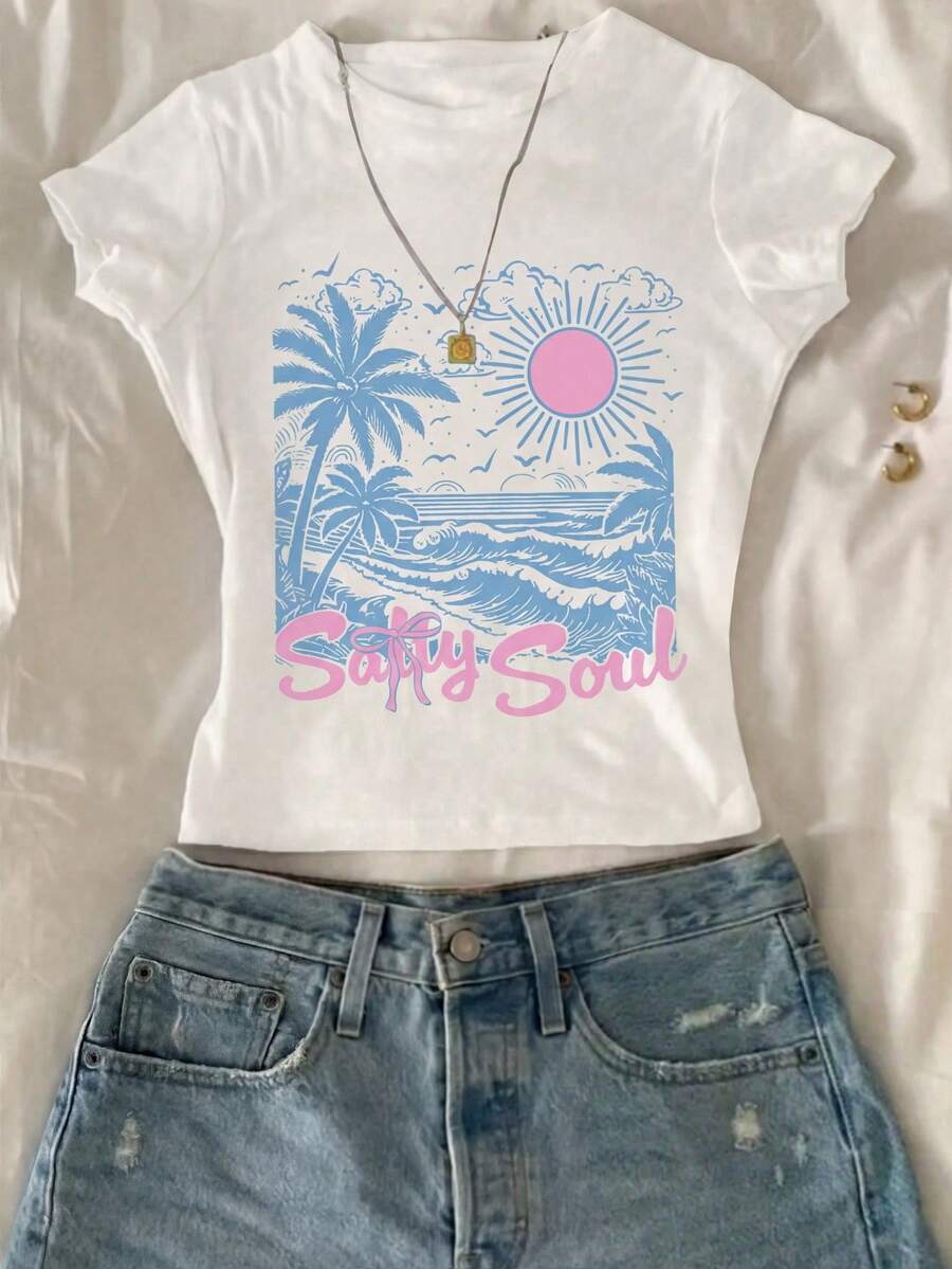 Tween Girls' Casual, Comfortable, Fashionable, Creative, Fresh, Vacation-Inspired "SALTY SOUL" Letter Graphic Fitted Short Crew Neck T-Shirt, Suitable For Spring And Summer Daily Wear - White - View 1