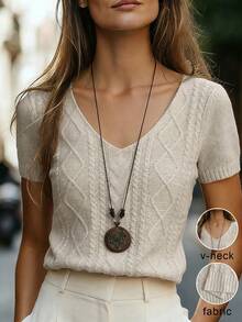 EMERY ROSE Áo thun nữ mùa xuân/hè đơn giản, cổ chữ V, tay ngắn, màu mơ, kiểu dáng ôm sát, thích hợp mặc đi nghỉ hè, đi biển, mặc thường ngày, thời trang công sở, trang phục thường ngày đa năng và phong cách, trang phục giáo viên thành thị chuyên nghiệp. - Màu be - Xem 1