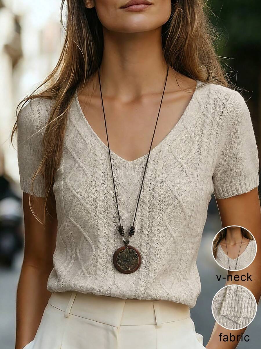 EMERY ROSE Áo thun nữ mùa xuân/hè đơn giản, cổ chữ V, tay ngắn, màu mơ, kiểu dáng ôm sát, thích hợp mặc đi nghỉ hè, đi biển, mặc thường ngày, thời trang công sở, trang phục thường ngày đa năng và phong cách, trang phục giáo viên thành thị chuyên nghiệp. - Màu be - Xem 1