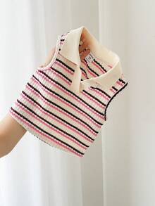 LMoss Kids LMoss  Young Girl Striped Knit Collared Casual Vest - Pink - View 3