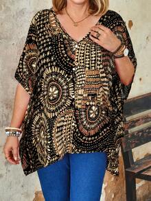 EMERY ROSE Plus Size V-Neck Batwing Sleeve Loose Retro Summer Fashion Shirt - Black - View 4