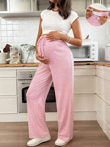 SHEIN 可调节腰围休闲阔腿宽松孕妇裤 - 粉色 - 查看 1
