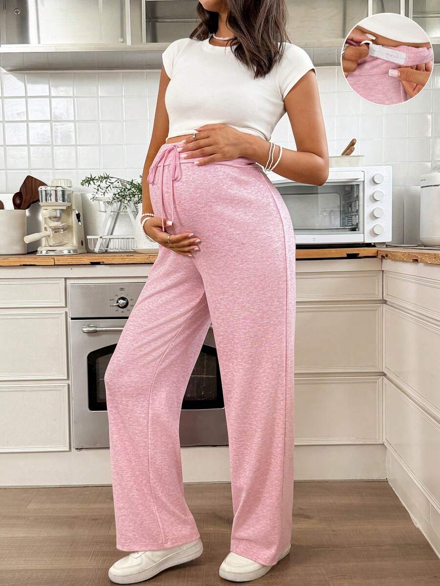 SHEIN 可调节腰围休闲阔腿宽松孕妇裤 - 粉色 - 查看 1